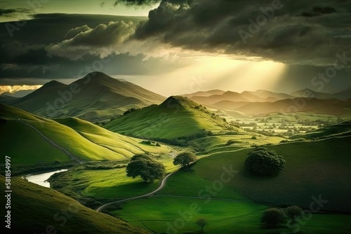 a mountain with green hills and trees in the sunlight, with sun shining through clouds