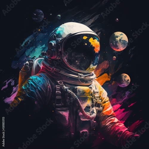 Astronaut with planets, colorfull, brush splatter. Generative ai © Hendrikus
