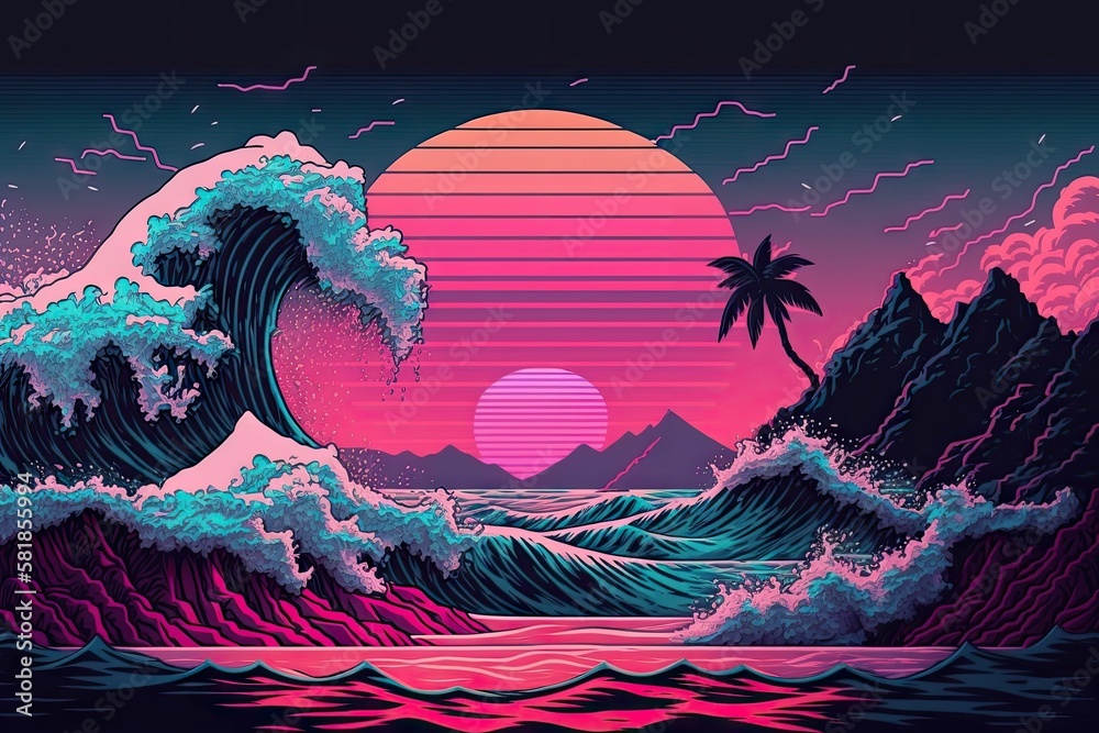 Naklejka premium a retro psychedelic wave in the ocean with sunsets and mountains