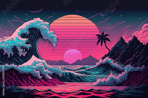 a retro psychedelic wave in the ocean with sunsets and mountains