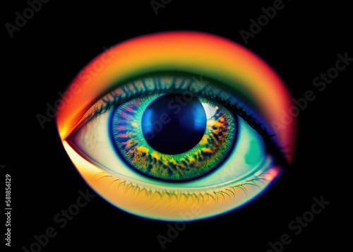 A mystic psychedelic eye, colorful collage cutout element, looking straight at the viewer, isolated on a black background. AI generated. 