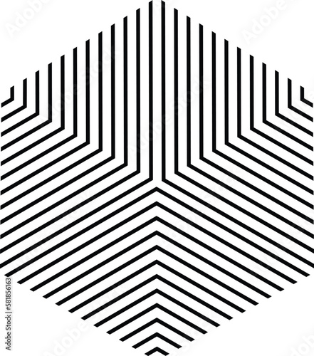 Striped hexagon in black and white, monochrome isometric cube