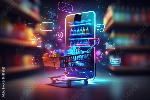 Futuristic online shopping technology digital payment from mobile phone. Generative AI
