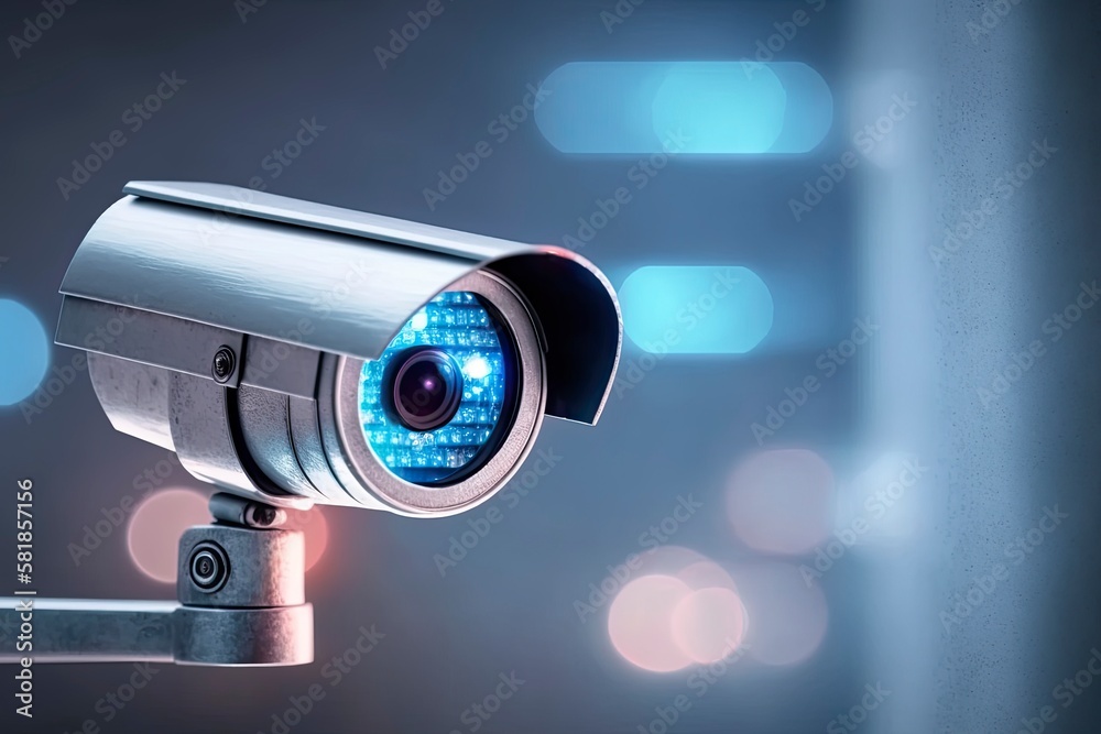 Security CCTV camera on bokeh background with copy space. Close up of CCTV camera, panoramic view of a city on blurry background. Generative AI Security CCTV camera on bokeh background with copy space. Close up of CCTV camera, panoramic view of a city on blurry background. Generative AI