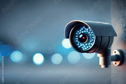 Security CCTV camera on bokeh background with copy space. Close up of CCTV camera, panoramic view of a city on blurry background. Generative AI