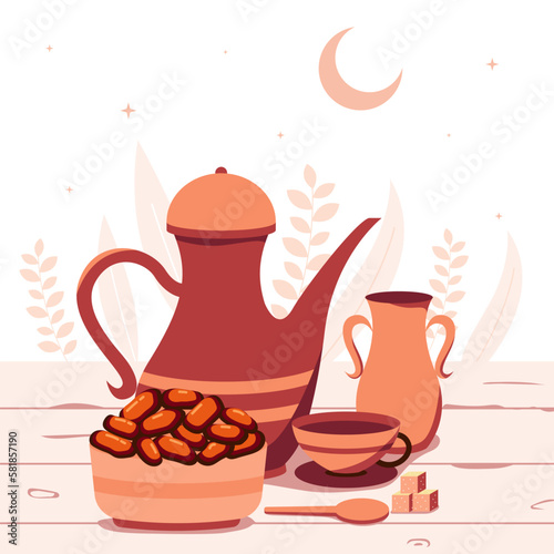 Iftar party illustration. dates fruit with glass of tea and brown teapot, a cube sugar, traditional, spoon with white background and stars and moon with leaf and nature. a stater pack of breakfasting.