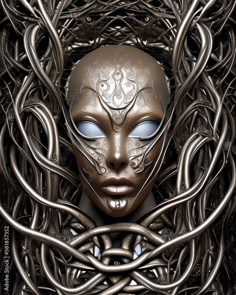 Futuristic alien face entangled in shiny twisted metal vines, science fiction, extra-terrestrial creature from another planet. Detailed image, generated AI