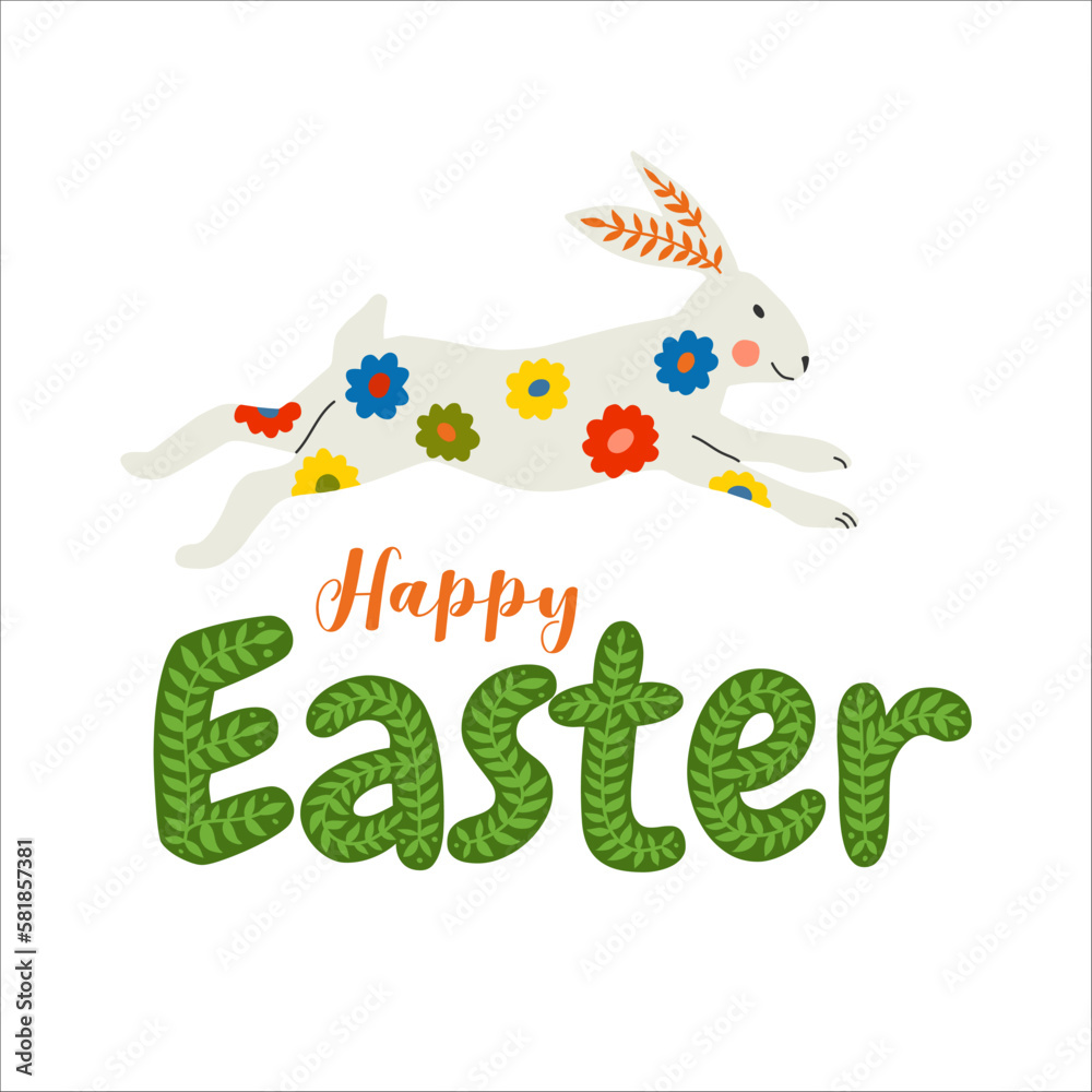 Vector illustration of rabbit and flowers for easter day in folk art. Vector illustration of rabbit and flowers for easter day in folk art.