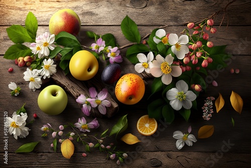 illustration, fruits and flowers on a wooden table, ai generative