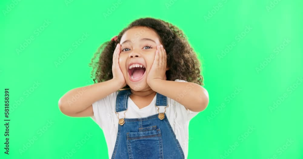 Shocked, surprise and child hands on face screaming and excited, happy and winning isolated in a studio green screen background. Portrait, young and kid with surprised facial expression due to news Shocked, surprise and child hands on face screaming and excited, happy and winning isolated in a studio green screen background. Portrait, young and kid with surprised facial expression due to news