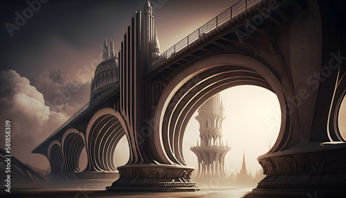 Futuristic bridge with classical elements. Generative AI photo