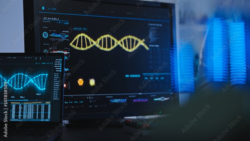 Structure of dna chain on monitors in scientific laboratory, modern technology, research Structure of dna chain on monitors in scientific laboratory, modern technology, research