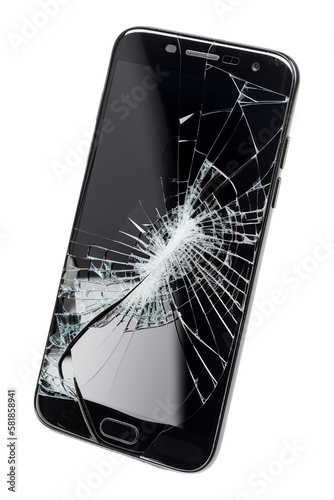 Damaged Smartphone with broken glass display. Isolated on transparent background