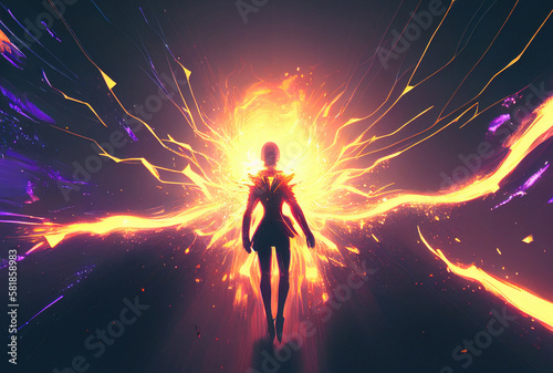 Silhouette of person and ray of astral light from space..