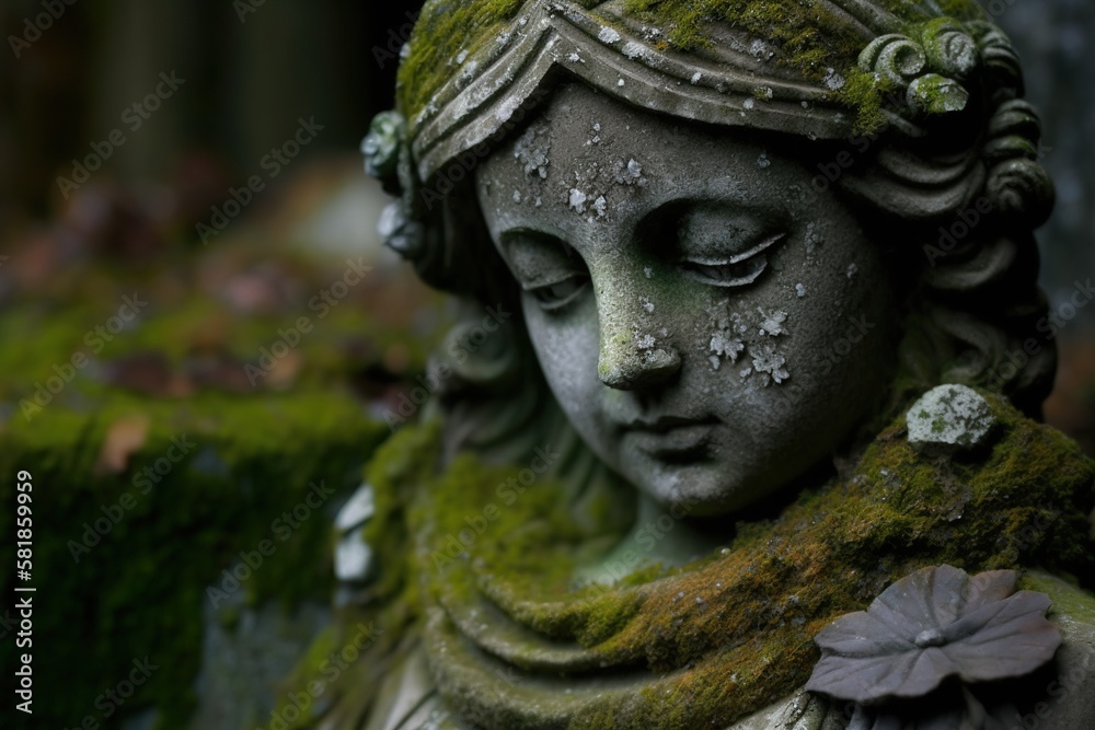 Close - up of a weathered stone statue with lichens and moss growing on it, concept of Aging and Weathering, created with Generative AI technology Close - up of a weathered stone statue with lichens and moss growing on it, concept of Aging and Weathering, created with Generative AI technology