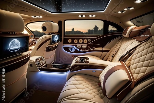 Car that is designed for maximum comfort with plush seating soft lighting and luxurious details, concept of Elegant Design and Luxury Amenities, created with Generative AI technology
