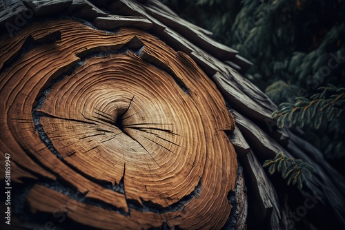 Close - up of a knotty and textured wooden log in a forest, concept of Natural and Rustic, created with Generative AI technology