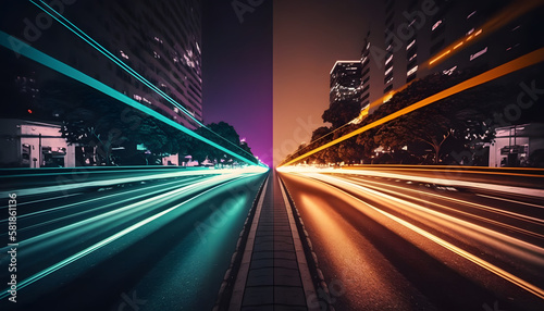 long exposure dynamic speed light trails background, Perspective city neon Glossy gradient