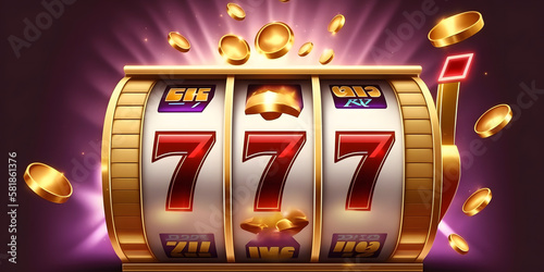 Casino banner, slot machine with winner combination 777 symbols and golden coin. Generation AI