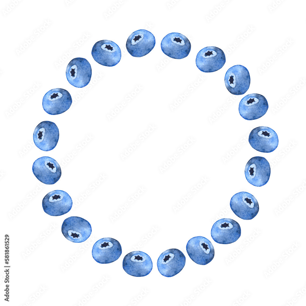 Obraz premium Hand drawn watercolor juicy blueberry round frame. Border with copy space, empty mock up for text.