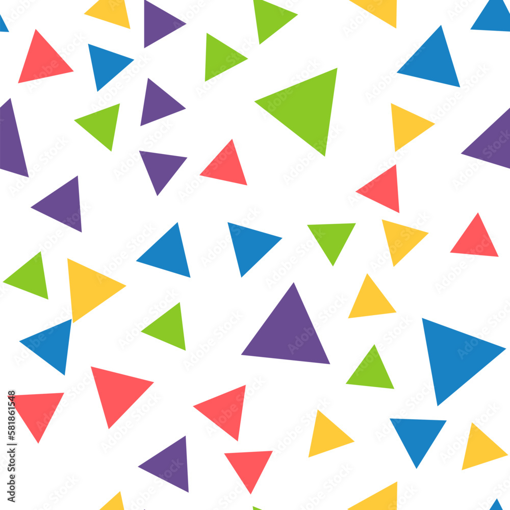 Geometric seamless pattern of red, green, yellow, blue, purple triangles for textile, paper and other surfaces Geometric seamless pattern of red, green, yellow, blue, purple triangles for textile, paper and other surfaces