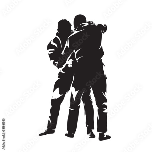 Judo fighters, combat sport abstract isolated vector silhouette, ink drawing. Two men