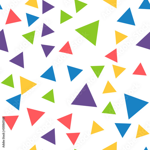 Geometric seamless pattern of red, green, yellow, blue, purple triangles for textile, paper and other surfaces