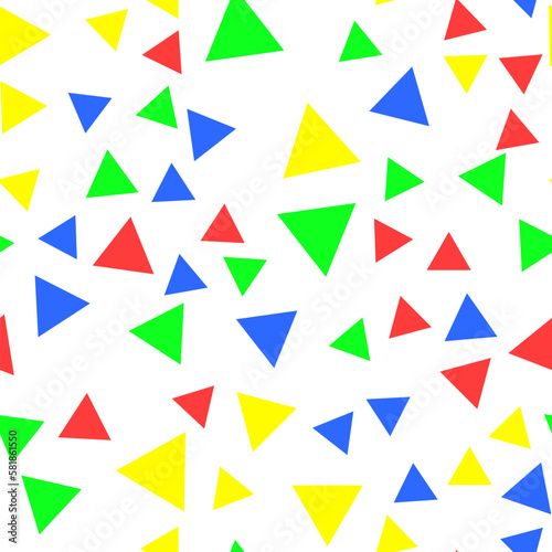 Geometric seamless pattern of vibrant green, red, blue, yellow triangles for textile, paper and other surfaces