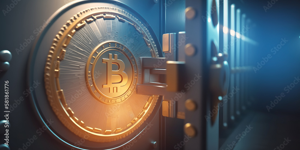 Obraz premium Safe deposit with bitcoin logo USDC. Concept symbol of cryptocurrency safety in blockchain virtual, neon color banner. Generation AI
