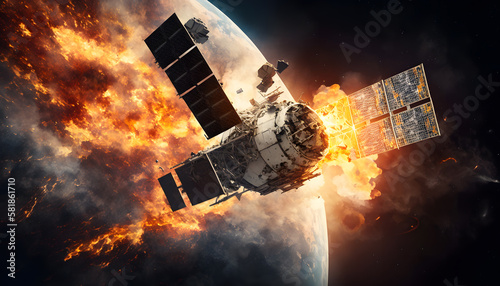 Incident meteorite crashed into space station, spacecraft is on fire and damage. Generation AI © Adin