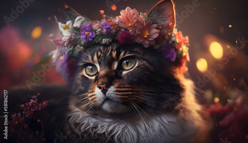 cat in the garden full of flowers in spring © Demencial Studies