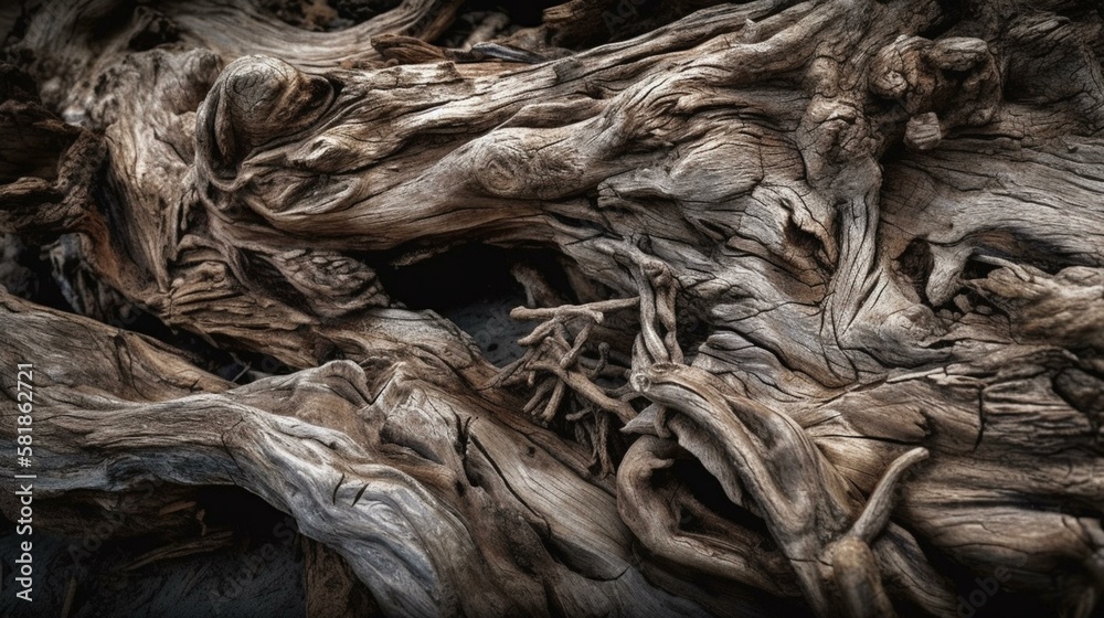 A rough and rugged driftwood texture with natural shapes Generative AI A rough and rugged driftwood texture with natural shapes Generative AI