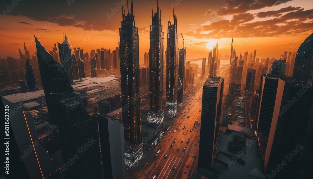 Professional drone shot of amazing cityscape at sunset, visible skyscrapers and sky, generative AI