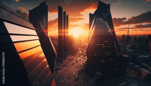 Professional drone shot of amazing cityscape at sunset, visible skyscrapers and sky, generative AI