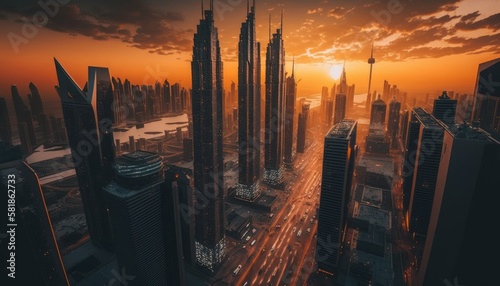 Professional drone shot of amazing cityscape at sunset, visible skyscrapers and sky, generative AI