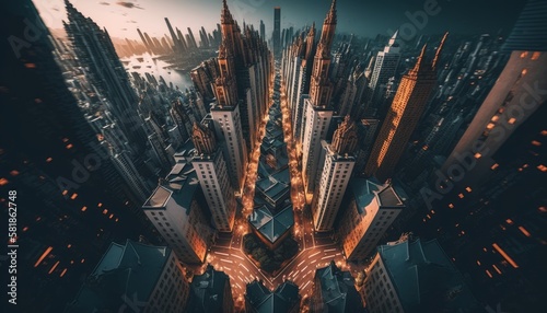 Professional drone shot of amazing cityscape at sunset, visible skyscrapers and sky, generative AI