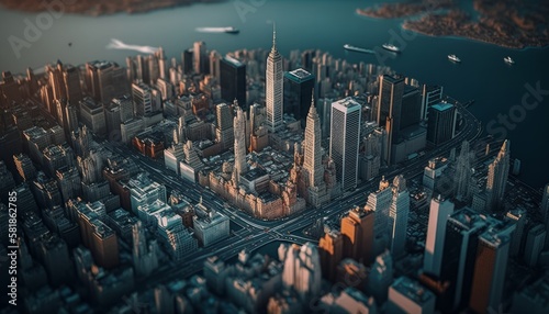 Professional drone shot of amazing cityscape at sunset, visible skyscrapers and sky, generative AI