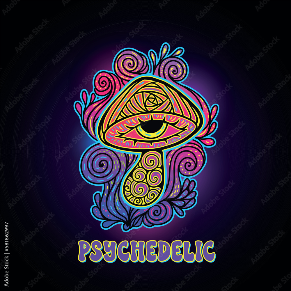 Magic Mushrooms. Psychedelic pattern fluorescent, neon