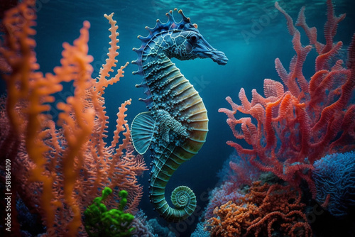 A seahorse swimming in a coral reef Generative AI