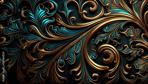 teal and gold floral pattern demask background