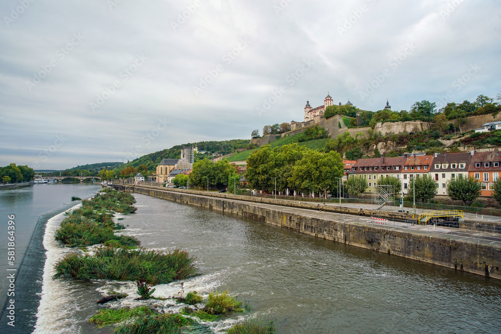 Amazing panorama of Wurzburg with water garden on river Main