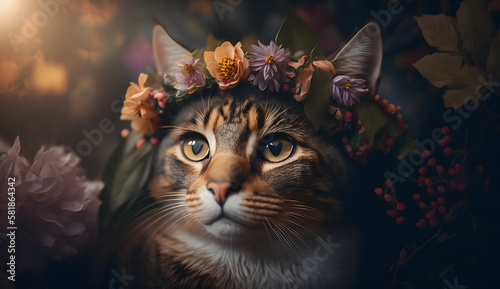 cat in the garden full of flowers in spring