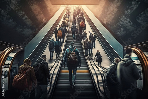 An escalator taking passengers to the subway station Generative AI
