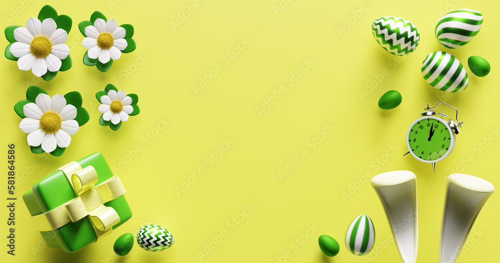 Easter eggs gift box flowers alarm clock bunny ears. 3d rendering. Easter eggs gift box flowers alarm clock bunny ears. 3d rendering.
