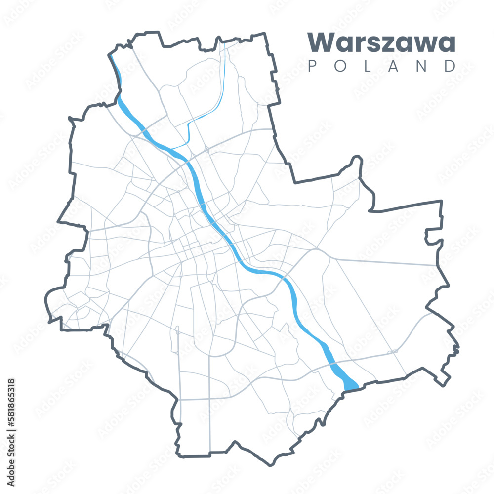 Fototapeta premium Detailed map of Warsaw - the capital of Poland - Urban borders map. Light stroke version of City poster with streets and Vistula River.