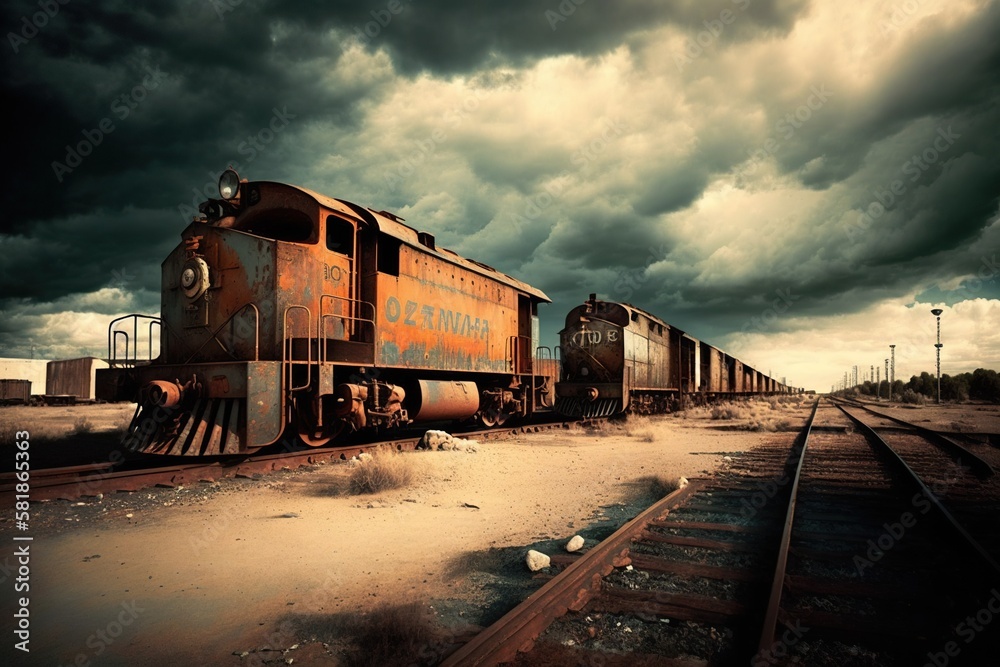 Deserted train yard with rusted locomotives and boxcars with a dramatic cloudy sky in the background, concept of Abandonment and Decay, created with Generative AI technology Deserted train yard with rusted locomotives and boxcars with a dramatic cloudy sky in the background, concept of Abandonment and Decay, created with Generative AI technology