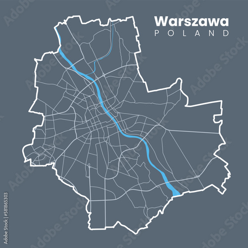 Detailed map of Warsaw - the capital of Poland - Urban borders map. Light stroke version on dark background of City poster with streets and Vistula River.