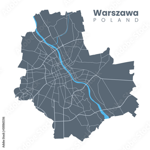 Detailed map of Warsaw - the capital of Poland - Urban borders map. Dark fill version of City poster with streets and Vistula River.