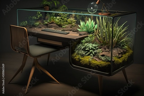 Desk with a built - in planter or terrarium complete with plants and soil, concept of Organic Decor and Nature-Inspired, created with Generative AI technology photo