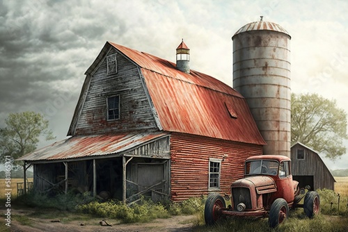 Dilapidated barn with a weathered red roof a leaning silo and an old tractor parked outside, concept of Abandoned and Rustic, created with Generative AI technology